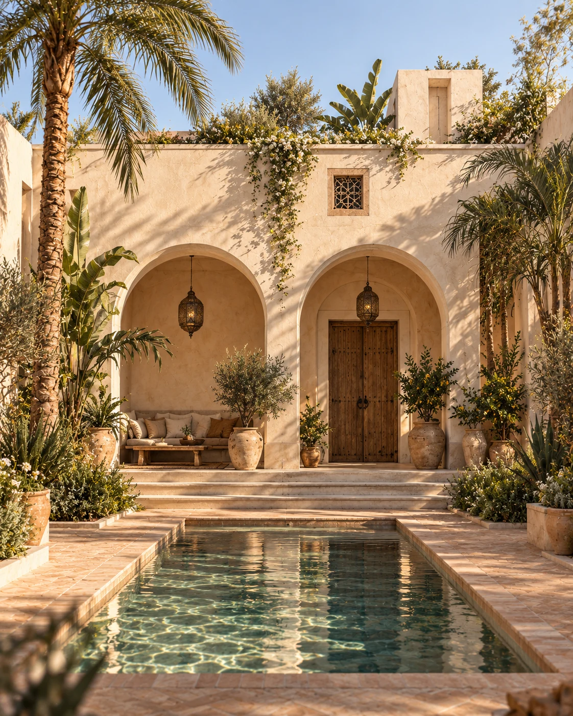 Sunlit courtyard with twin arches and a reflecting pool