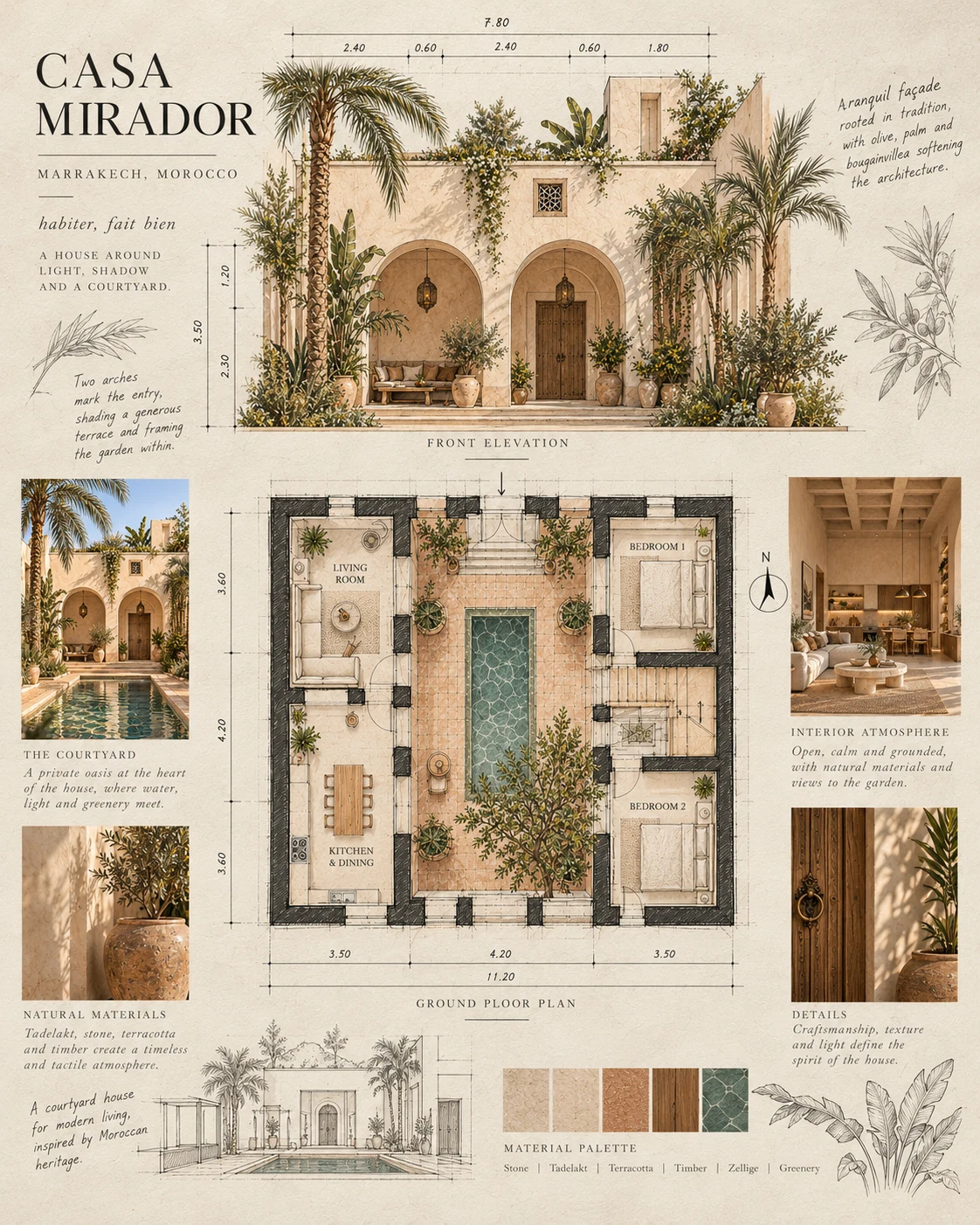 Architectural presentation with elevation, floor plan and material palette