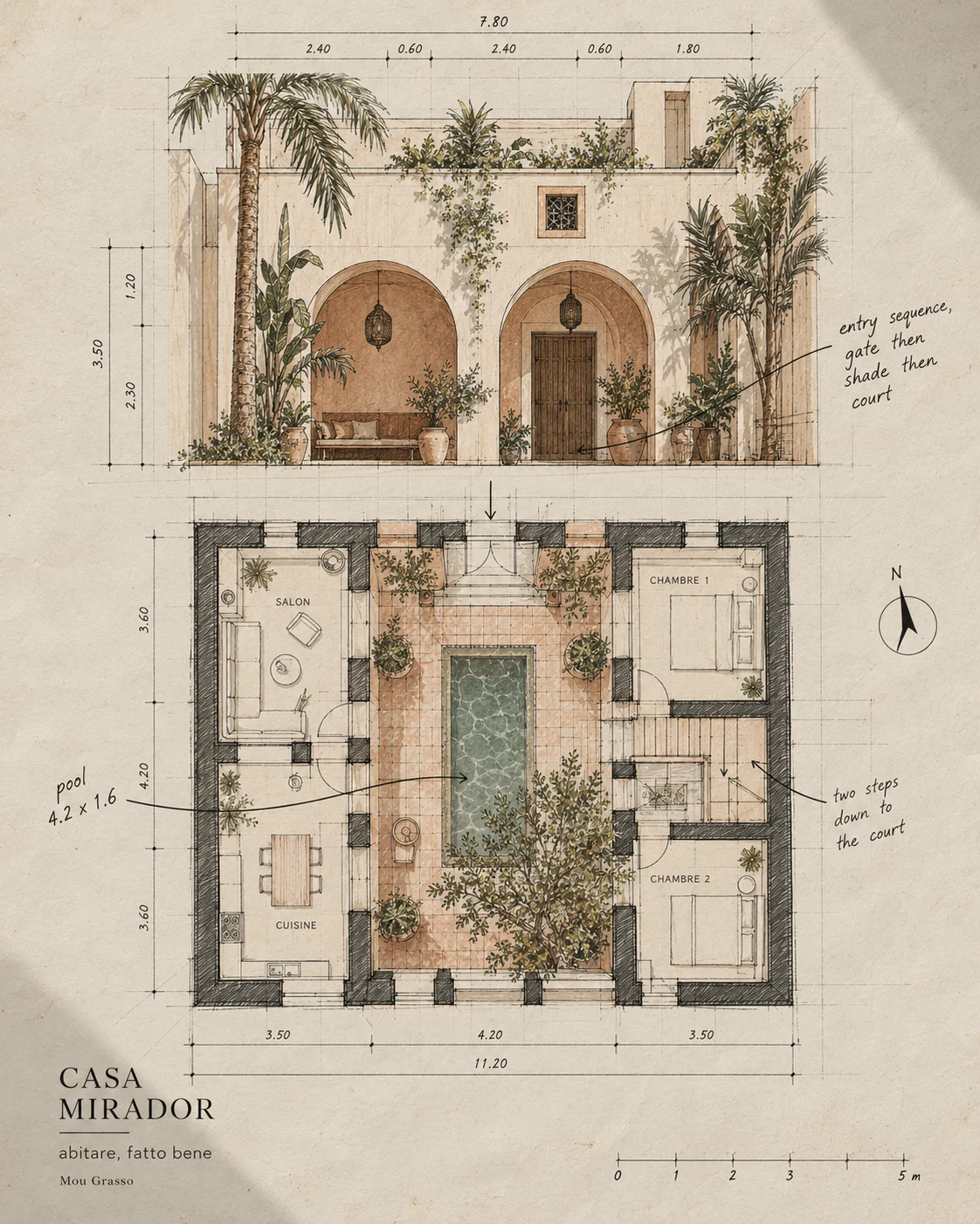 Hand drawn facade elevation and courtyard floor plan