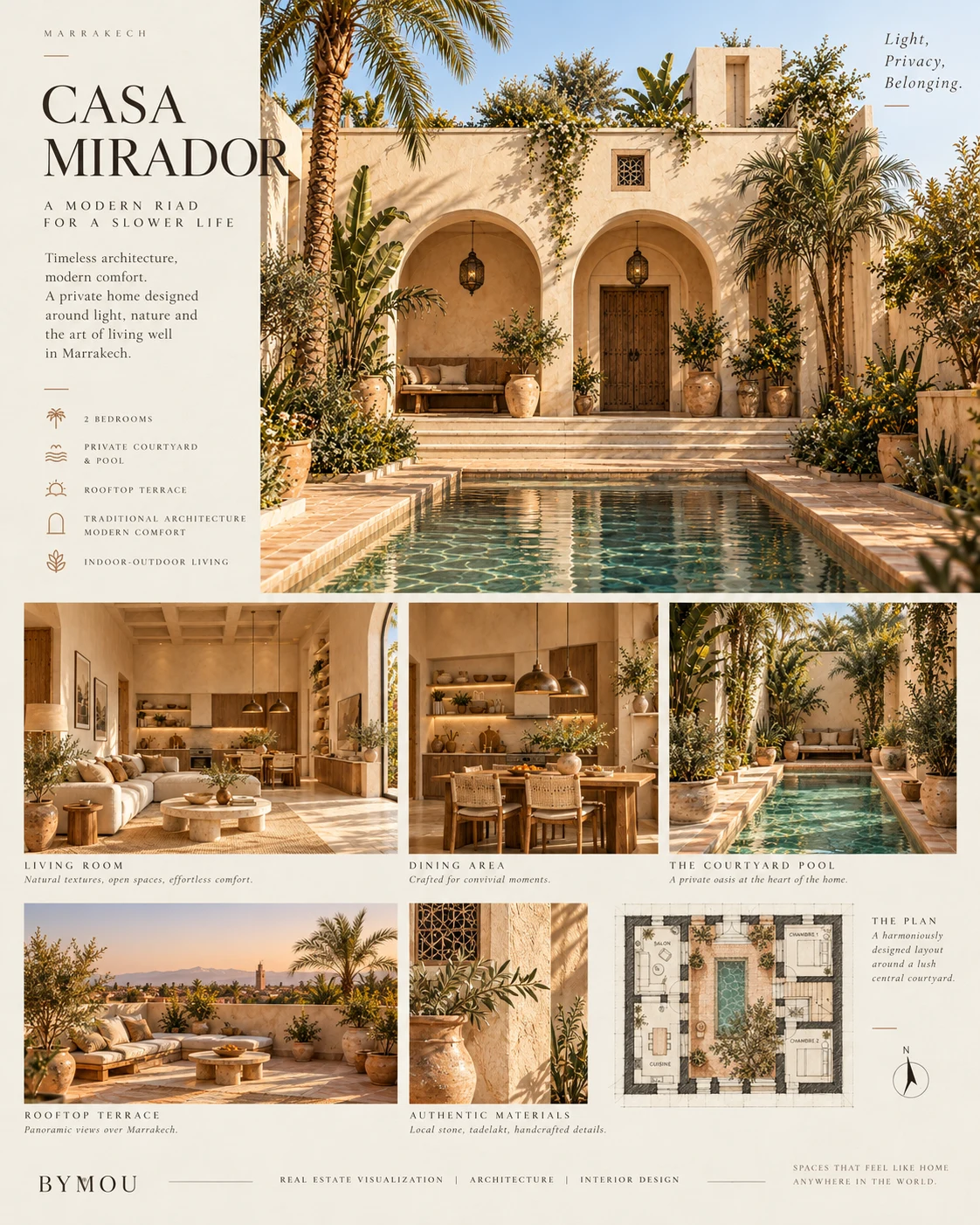 Property presentation combining courtyard, interiors and roof terrace
