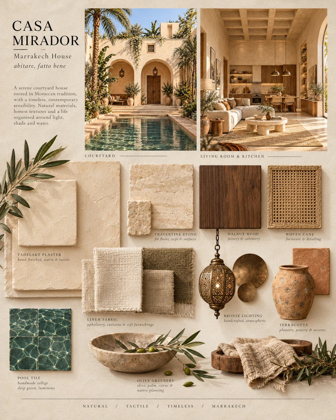 Interior moodboard with plaster, timber, linen and bronze finishes
