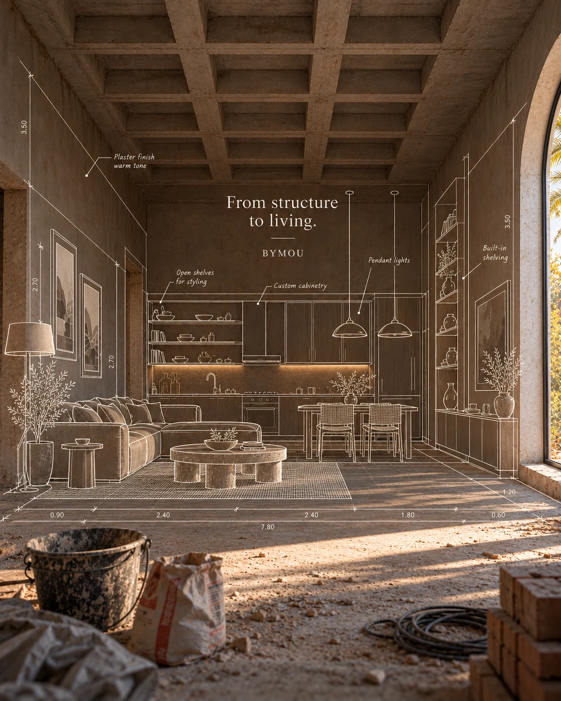 Construction interior overlaid with furniture and lighting drawings
