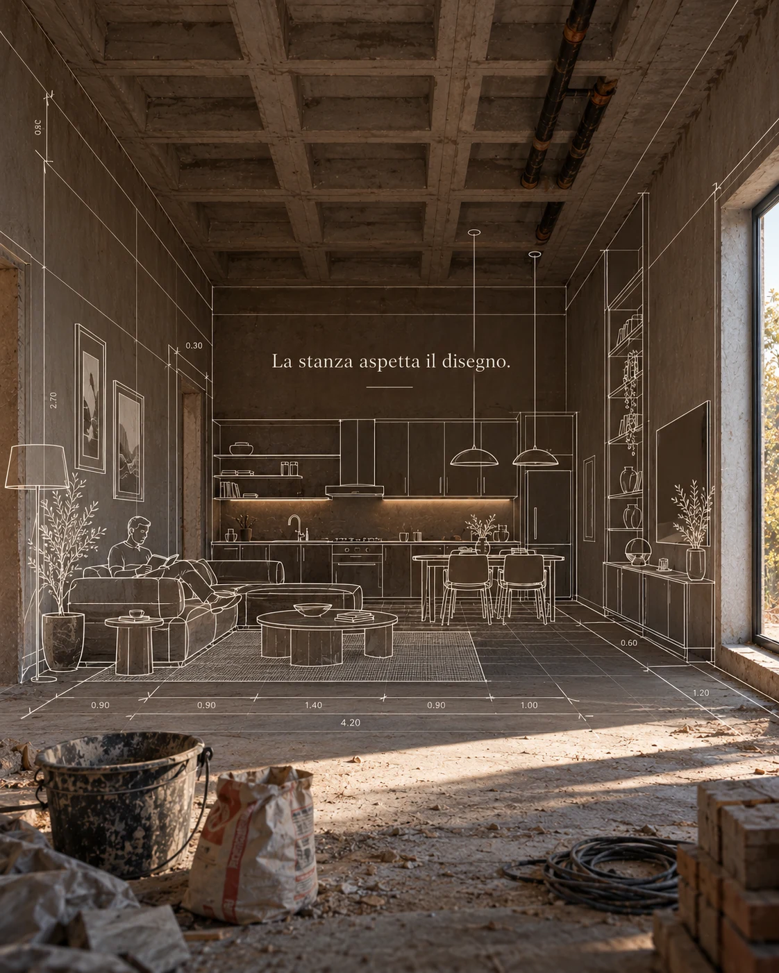 Unfinished room with proposed furnishings outlined in white