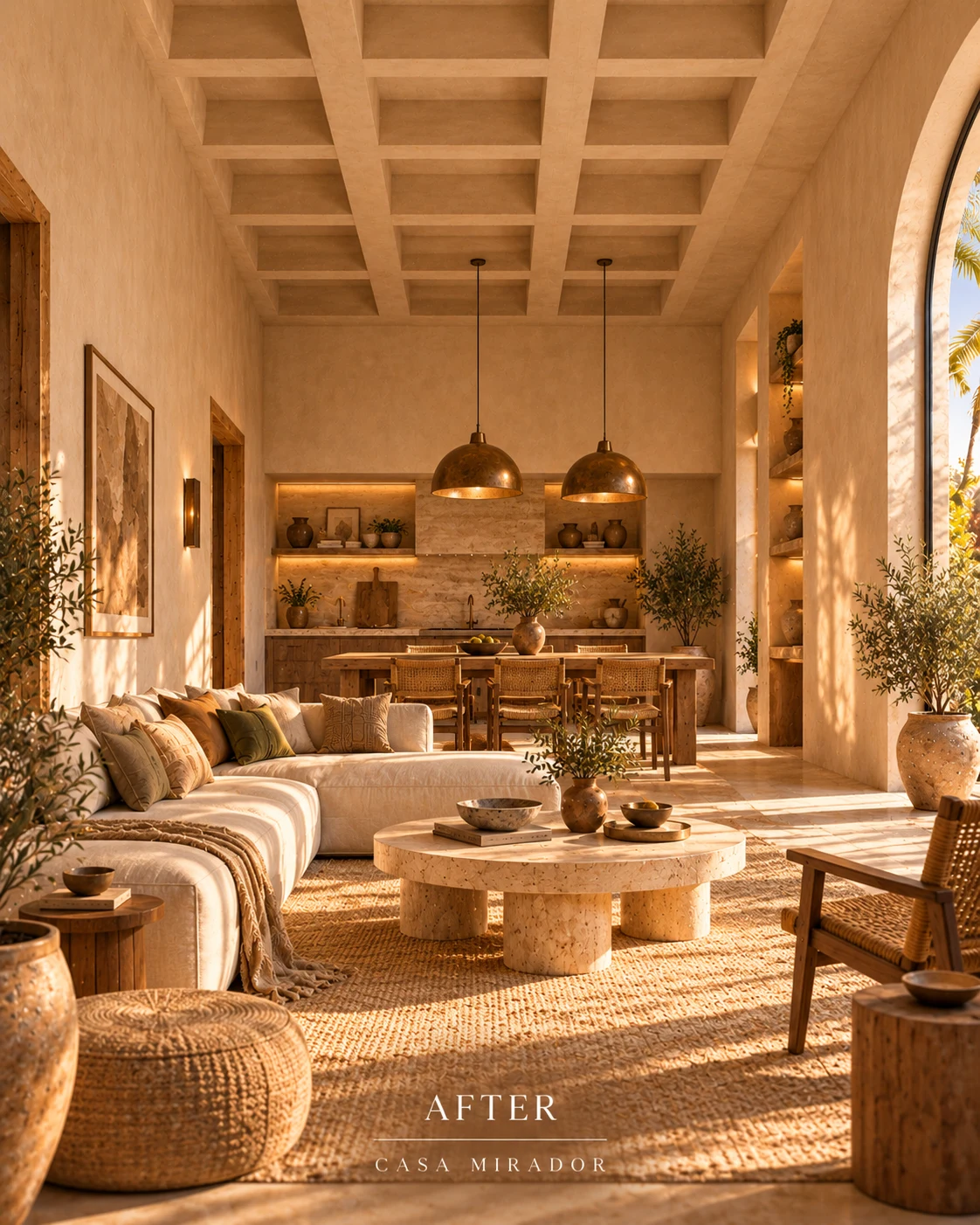 Completed living and dining room in warm afternoon light