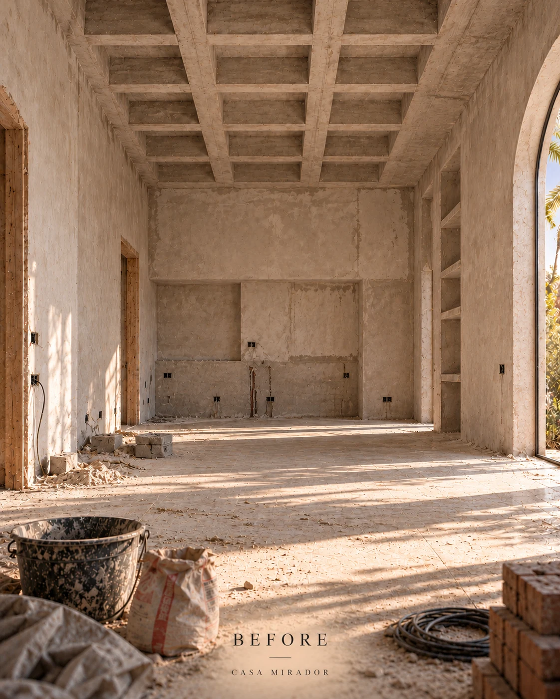 Unfinished interior before furnishing, with exposed plaster and tools