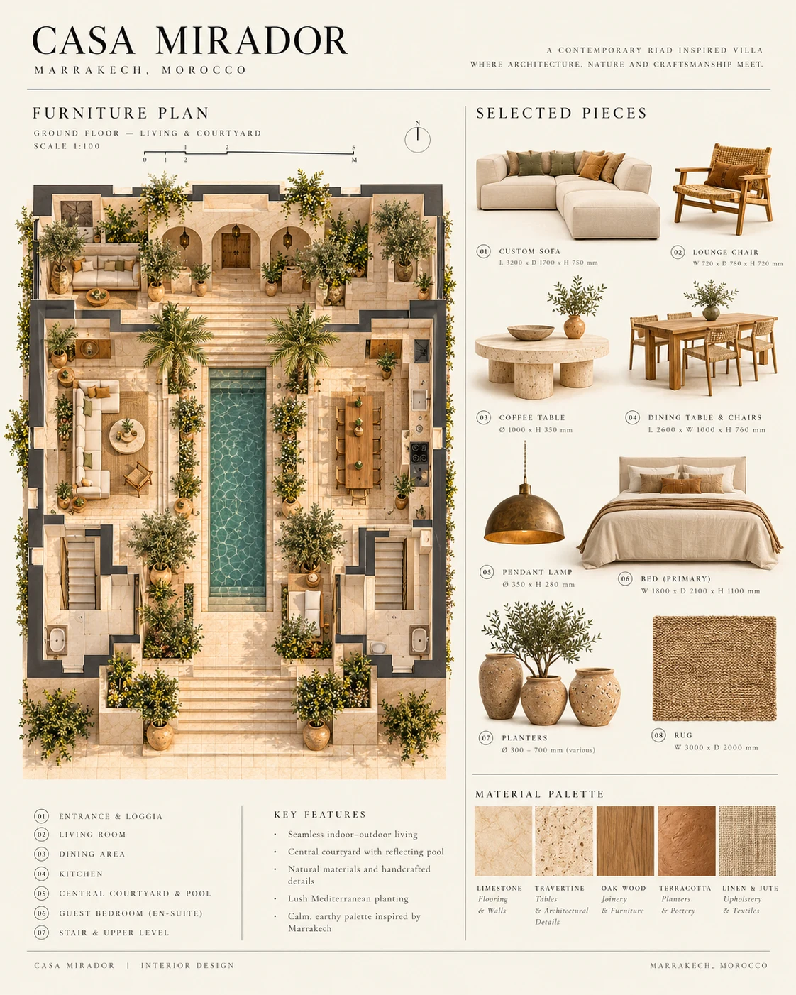 Furniture layout and selected furnishings for the courtyard house
