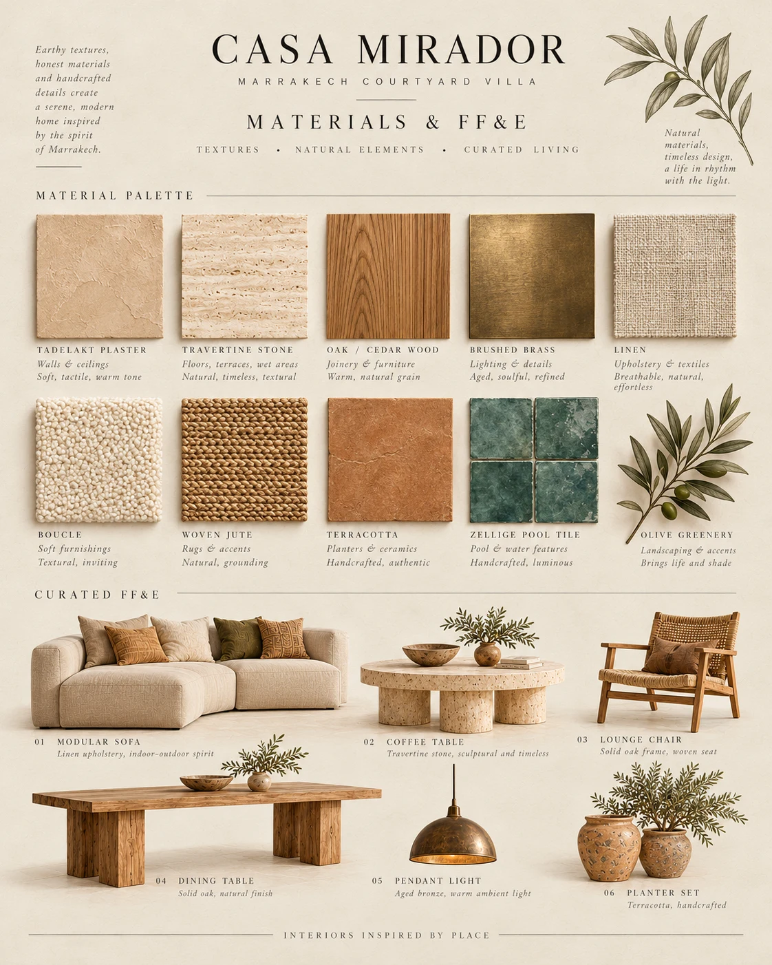 Material samples and furniture selection on a cream presentation board