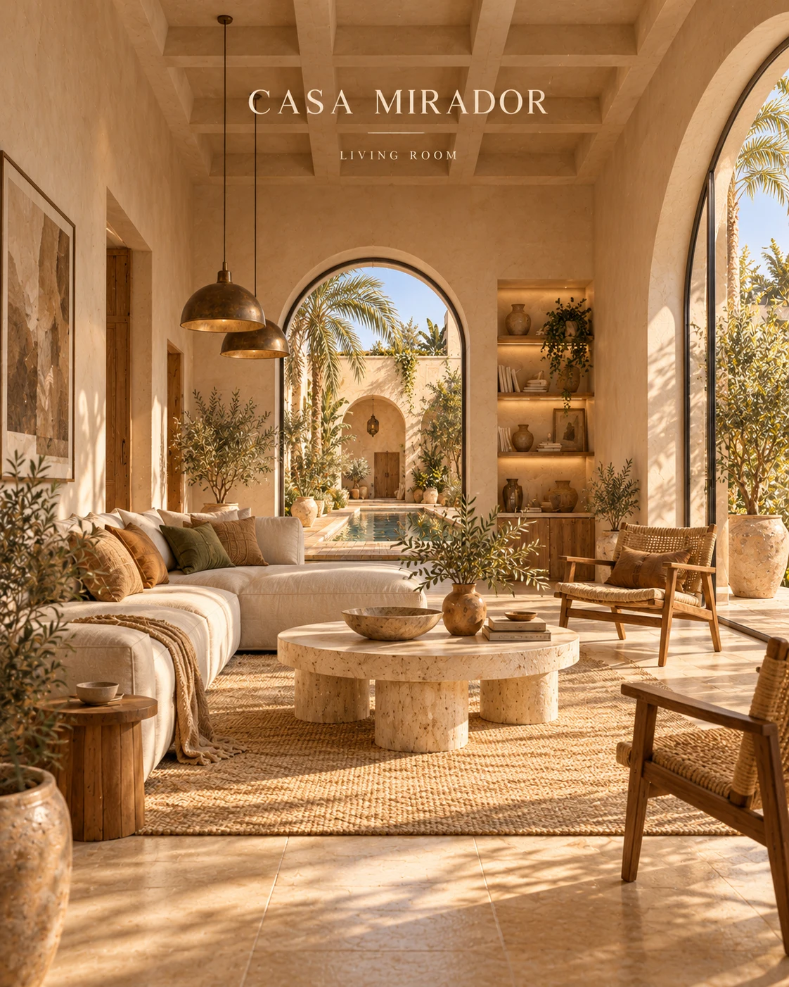 Living room looking through an arched doorway to the pool