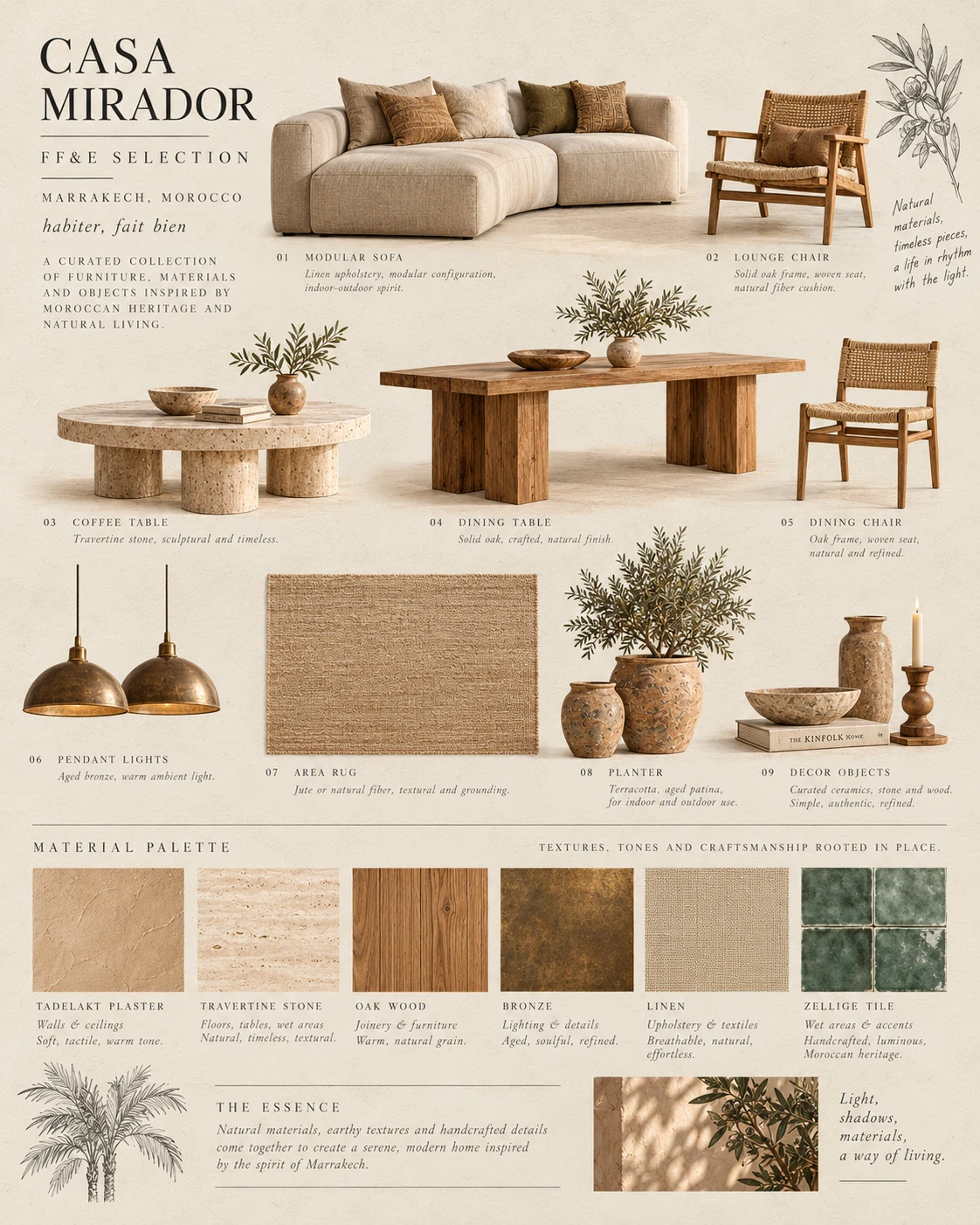 Furniture, lighting and decorative objects with a material palette
