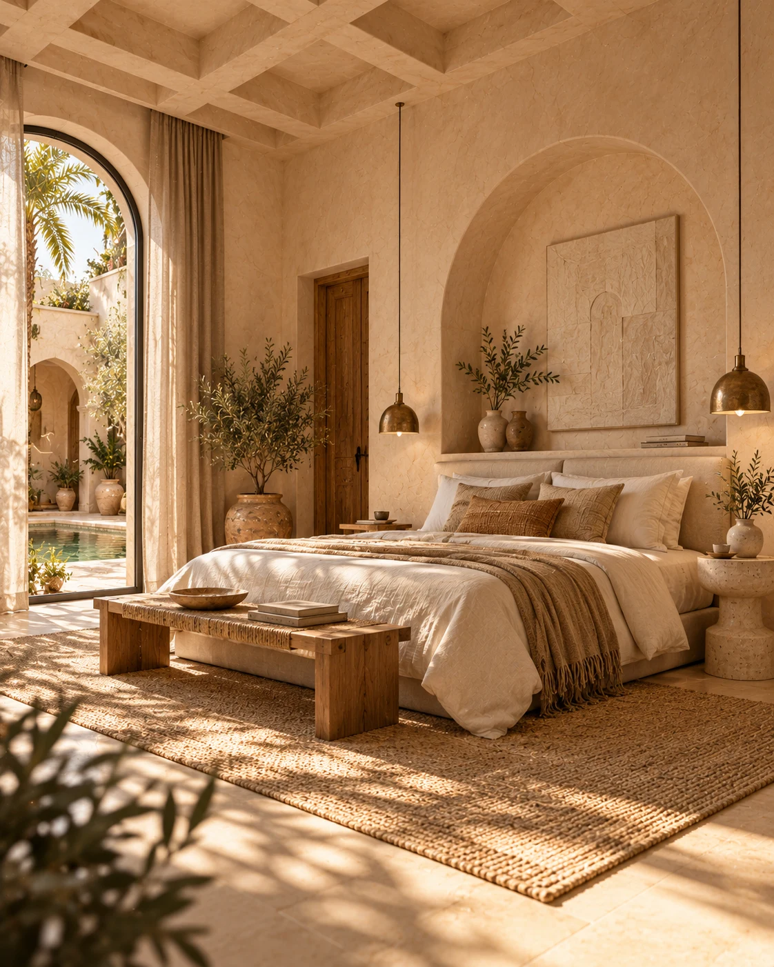 Linen dressed bedroom with brass pendants beside the courtyard