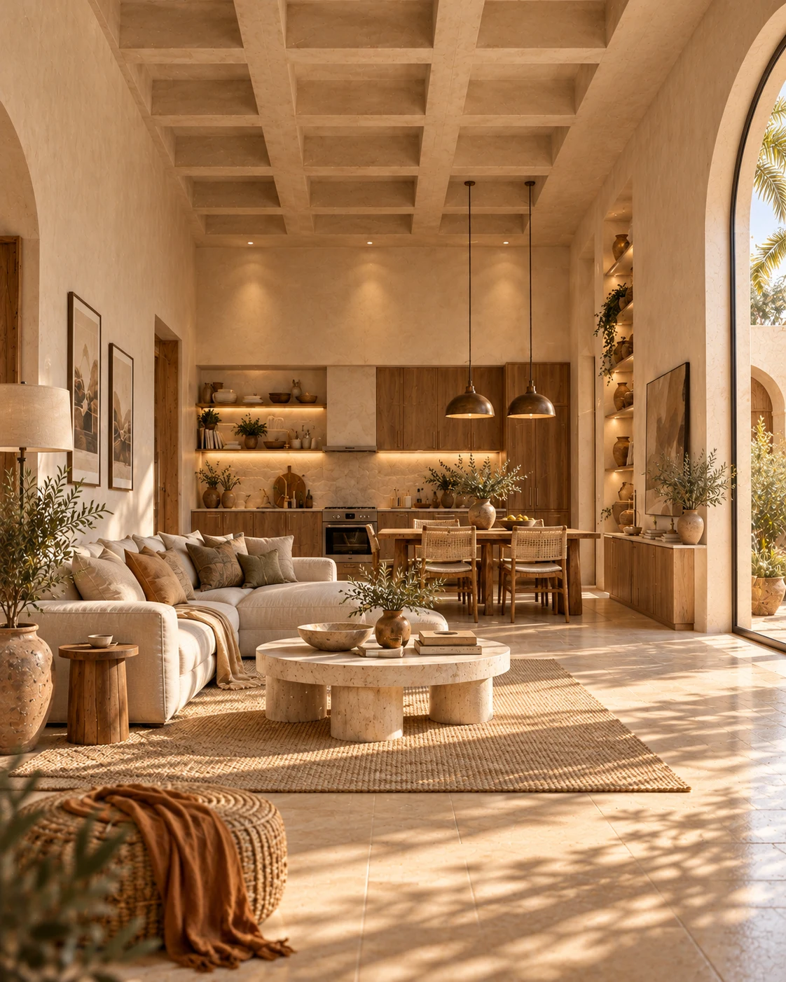 Open living room, dining area and kitchen with natural finishes