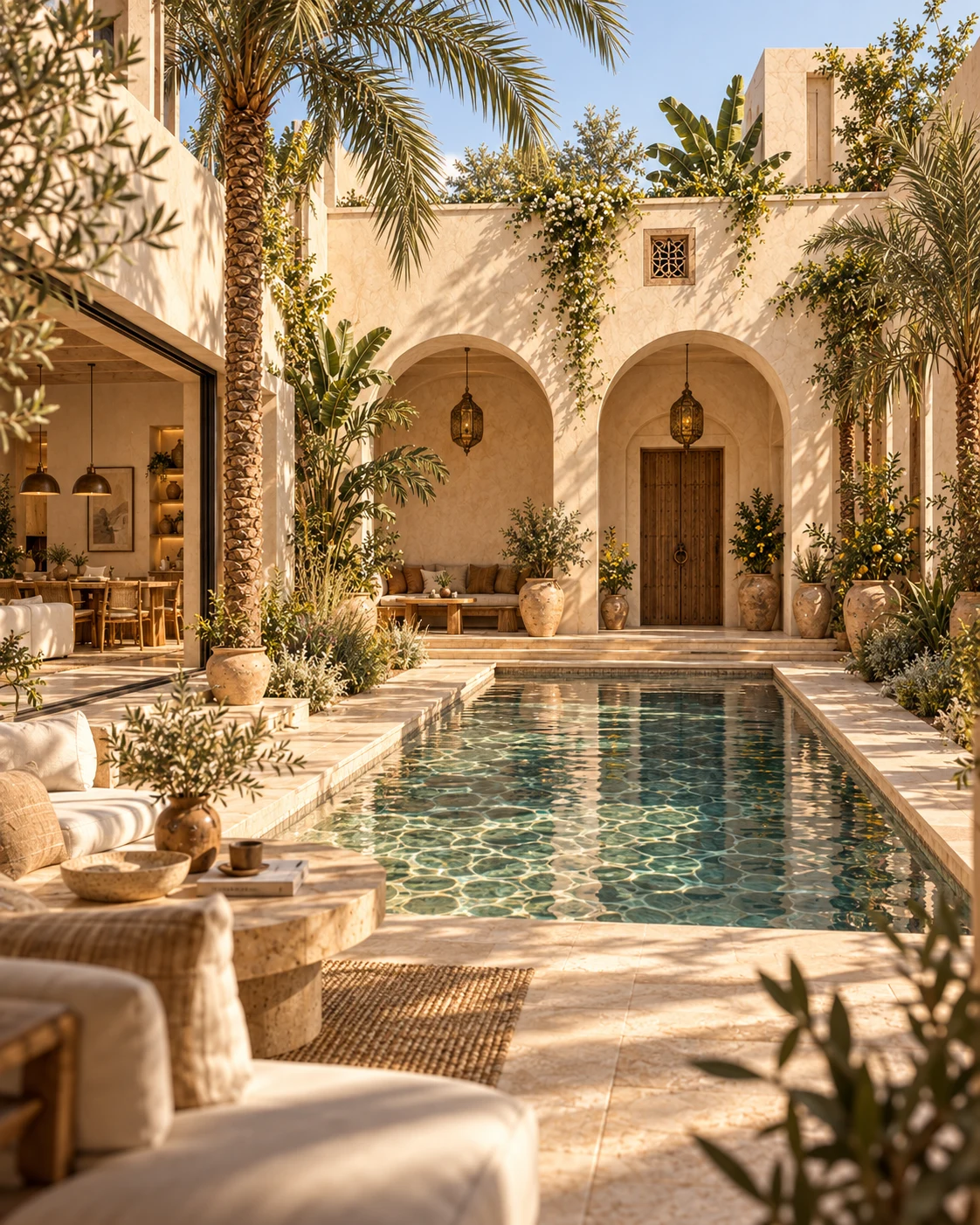 Pool courtyard viewed from a shaded seating area