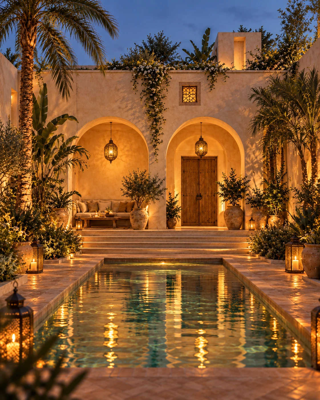 Courtyard at blue hour illuminated by lanterns and candles