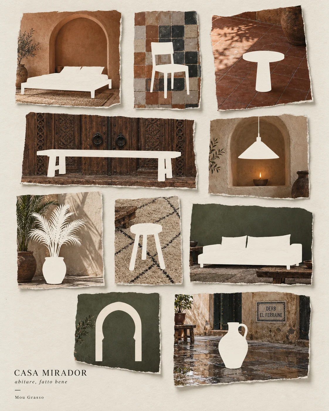 Torn paper collage of Moroccan textures and white furniture silhouettes