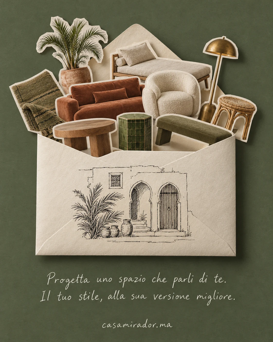 Furniture and greenery emerging from a sketched paper envelope on olive green
