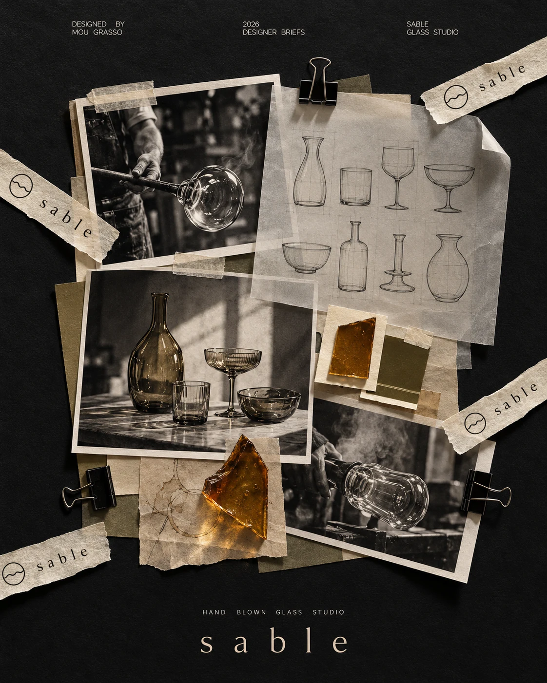 Sable Glass Studio contact sheet with glassware, sketches and material studies
